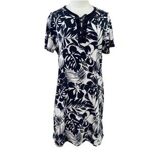 Chaps Women’s Short Sleeve Shirt Dress Size 1X Navy Grommet Tie Front Tropical